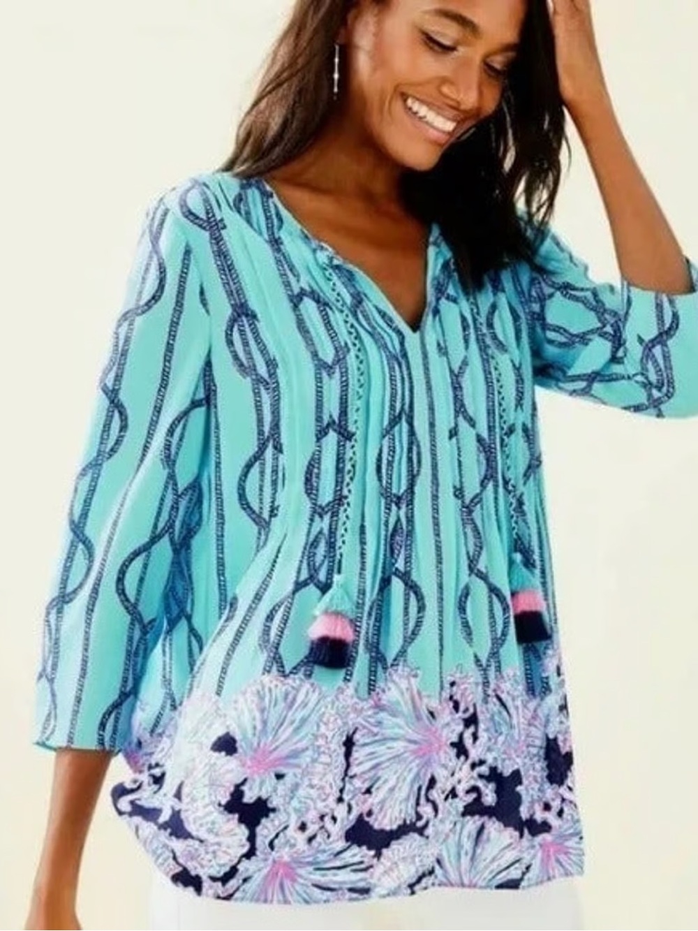 Lilly Pulitzer Marilina Tunic “A Frayed Knot” in light Aqua with tassels